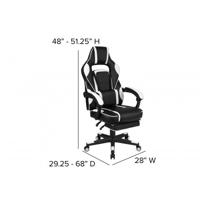 BLNK Optis Black Gaming Desk with Cup Holder, Headphone Hook, 2 Wire Management Holes and Reclining Back/Arms Gaming Chair with Footrest - White