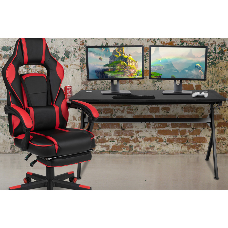 BLNK Optis Gaming Desk with Cup Holder, Headphone Hook, Removable Mousepad Top and Reclining Back/Arms Gaming Chair with Footrest - Red