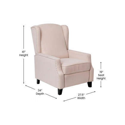 BLNK Prescott Traditional Style Fabric Slim Push Back Recliner Chair with Upholstery-Accent Nail Trim - Cream