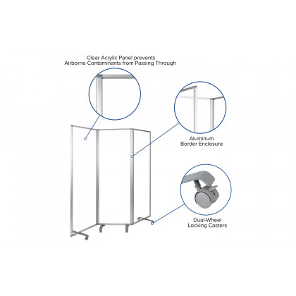 BLNK Raisley 3 Sections Transparent Acrylic Mobile Partition with Lockable Casters - 72"H x 24"L