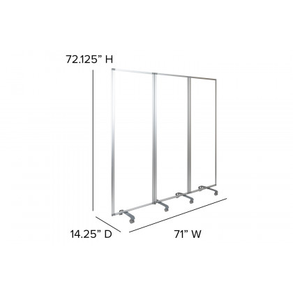 BLNK Raisley 3 Sections Transparent Acrylic Mobile Partition with Lockable Casters - 72"H x 24"L