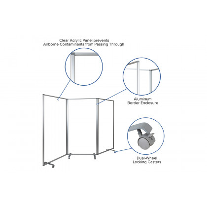 BLNK Raisley 3 Sections Transparent Acrylic Mobile Partition with Lockable Casters - 72"H x 36"L