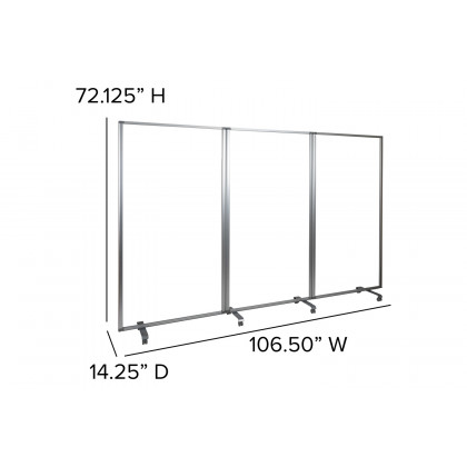 BLNK Raisley 3 Sections Transparent Acrylic Mobile Partition with Lockable Casters - 72"H x 36"L