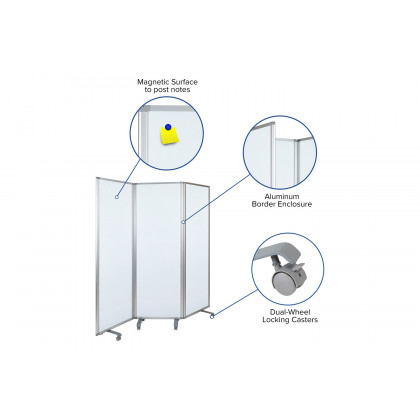 BLNK - Raisley 3 Sections Mobile Magnetic Whiteboard Partition with Lockable Casters