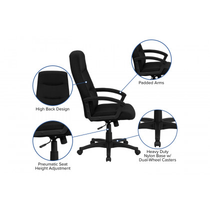 BLNK Rochelle Fabric High-Back Executive Swivel Office Chair with Two Line Horizontal Stitch Back and Arms - Black