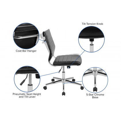BLNK Hansel LeatherSoft Mid-Back Armless Contemporary Ribbed Executive Swivel Office Chair - Black