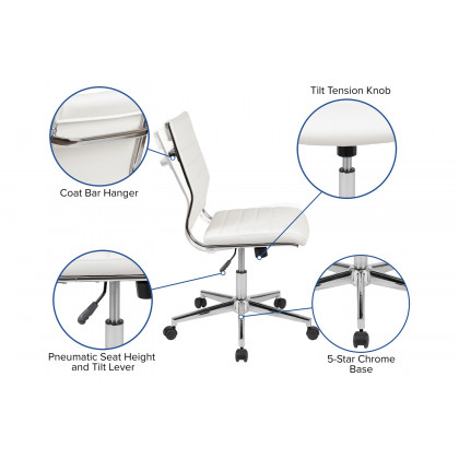 BLNK Hansel LeatherSoft Mid-Back Armless Contemporary Ribbed Executive Swivel Office Chair - White