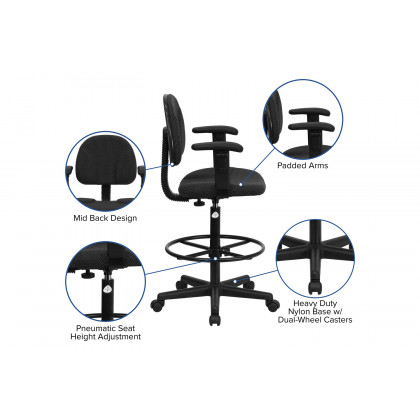 BLNK Bruce Fabric Drafting Chair - Black Patterned, with Adjustable Arms