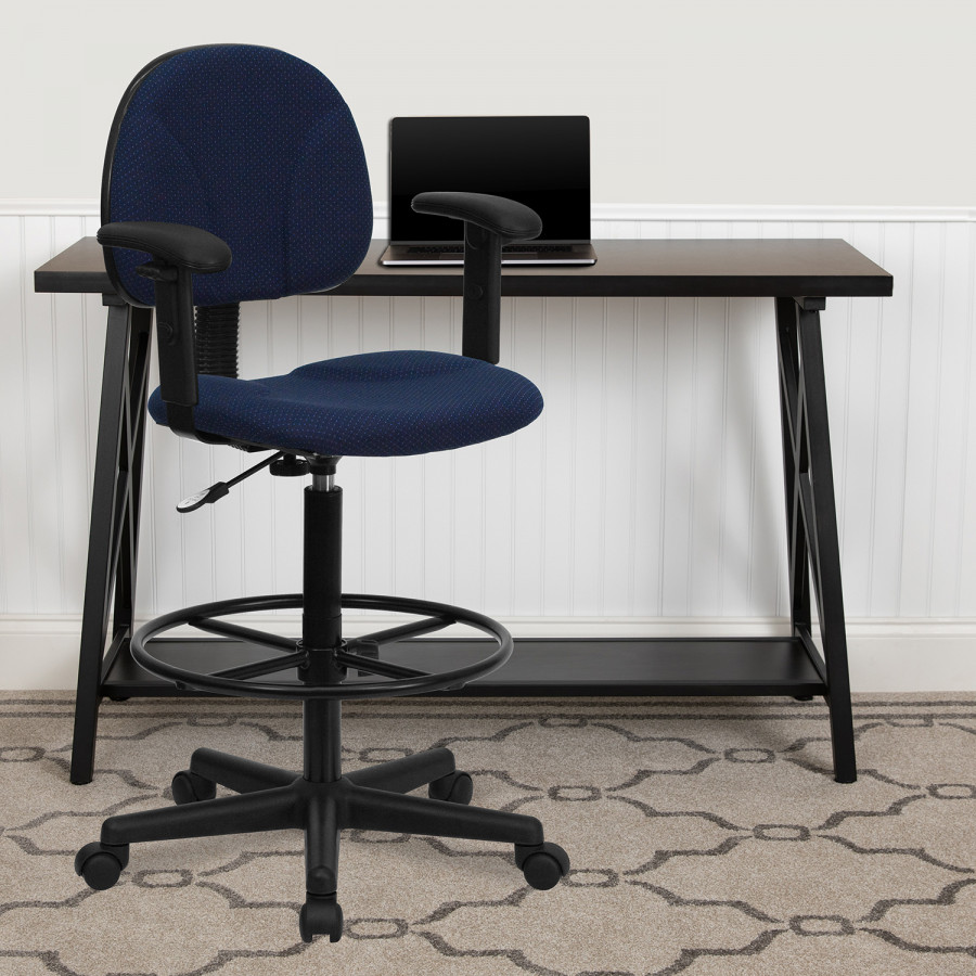 BLNK Bruce Fabric Drafting Chair - Navy Blue Patterned, with Adjustable Arms