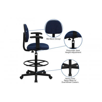 BLNK Bruce Fabric Drafting Chair - Navy Blue Patterned, with Adjustable Arms