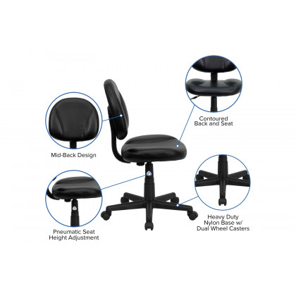 BLNK - Ronald Mid-Back Black LeatherSoft Swivel Ergonomic Task Office Chair with Back Depth Adjustment