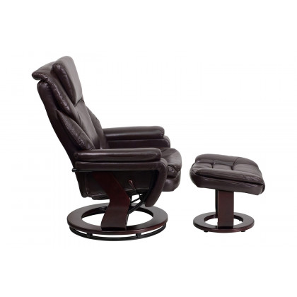 BLNK LeatherSoft Austin Contemporary Multi-Position Recliner and Ottoman with Swivel Mahogany Wood Base - Brown
