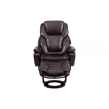 BLNK LeatherSoft Austin Contemporary Multi-Position Recliner and Ottoman with Swivel Mahogany Wood Base - Brown