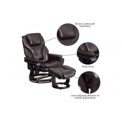 BLNK LeatherSoft Austin Contemporary Multi-Position Recliner and Ottoman with Swivel Mahogany Wood Base - Brown