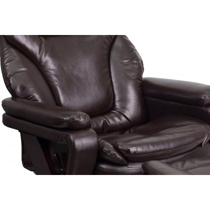 BLNK LeatherSoft Austin Contemporary Multi-Position Recliner and Ottoman with Swivel Mahogany Wood Base - Brown
