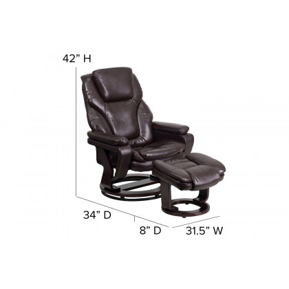 BLNK LeatherSoft Austin Contemporary Multi-Position Recliner and Ottoman with Swivel Mahogany Wood Base - Brown