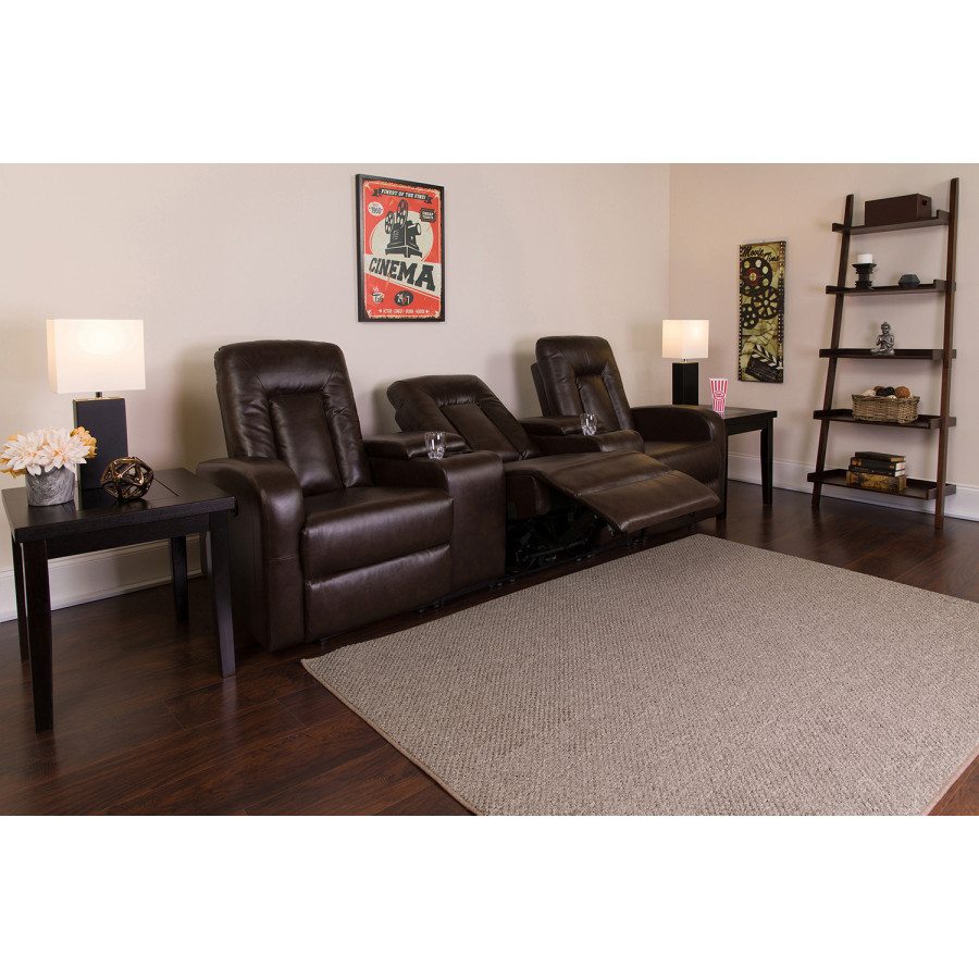 BLNK Eclipse Series LeatherSoft 3-Seat Reclining LeatherSoft Theater Seating Unit with Cup Holders - Brown
