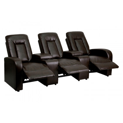 BLNK Eclipse Series LeatherSoft 3-Seat Reclining LeatherSoft Theater Seating Unit with Cup Holders - Brown