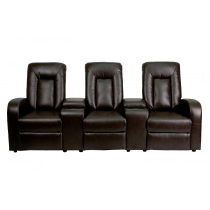 BLNK Eclipse Series LeatherSoft 3-Seat Reclining LeatherSoft Theater Seating Unit with Cup Holders - Brown
