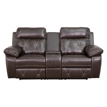 BLNK Reel Comfort Series LeatherSoft 2-Seat Reclining Theater Seating Unit with Straight Cup Holders - Brown