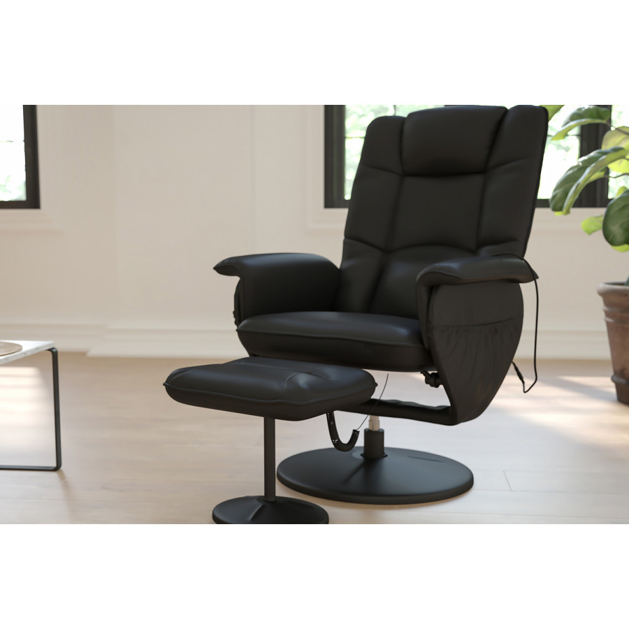 BLNK - Cason Massaging Adjustable Recliner with Deep Side Pockets and Ottoman with Wrapped Base in Black LeatherSoft