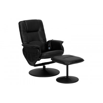 BLNK - Cason Massaging Adjustable Recliner with Deep Side Pockets and Ottoman with Wrapped Base in Black LeatherSoft