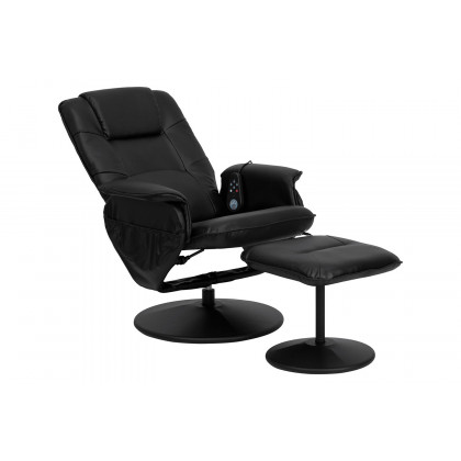 BLNK - Cason Massaging Adjustable Recliner with Deep Side Pockets and Ottoman with Wrapped Base in Black LeatherSoft
