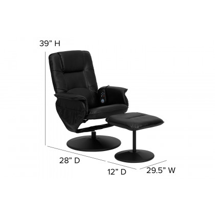 BLNK - Cason Massaging Adjustable Recliner with Deep Side Pockets and Ottoman with Wrapped Base in Black LeatherSoft