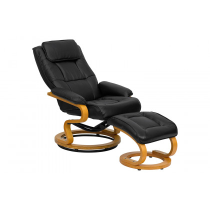 BLNK Davies LeatherSoft Contemporary Adjustable Recliner and Ottoman with Swivel Maple Wood Base - Black