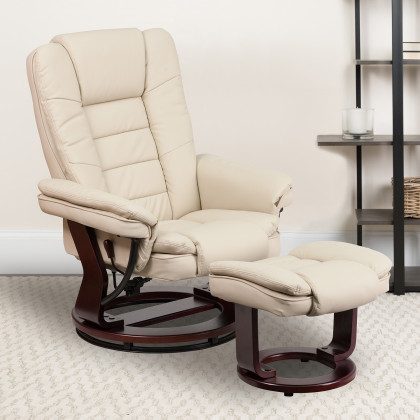 BLNK - Bali LeatherSoft Contemporary Multi-Position Recliner with Horizontal Stitching and Ottoman with Swivel Mahogany Wood Base