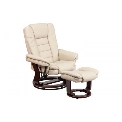 BLNK Bali LeatherSoft Contemporary Multi-Position Recliner with Horizontal Stitching and Ottoman with Swivel Mahogany Wood Base - Beige