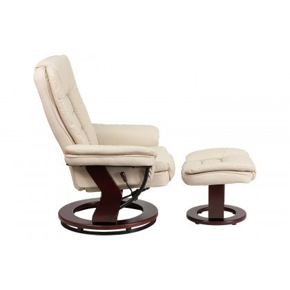 BLNK Bali LeatherSoft Contemporary Multi-Position Recliner with Horizontal Stitching and Ottoman with Swivel Mahogany Wood Base - Beige