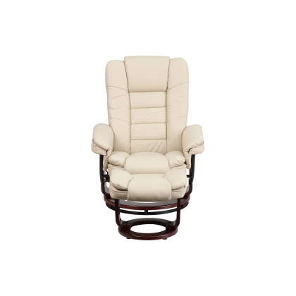 BLNK Bali LeatherSoft Contemporary Multi-Position Recliner with Horizontal Stitching and Ottoman with Swivel Mahogany Wood Base - Beige