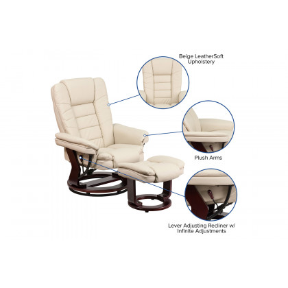 BLNK Bali LeatherSoft Contemporary Multi-Position Recliner with Horizontal Stitching and Ottoman with Swivel Mahogany Wood Base - Beige