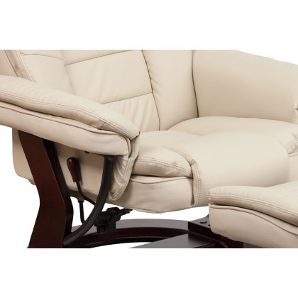 BLNK Bali LeatherSoft Contemporary Multi-Position Recliner with Horizontal Stitching and Ottoman with Swivel Mahogany Wood Base - Beige