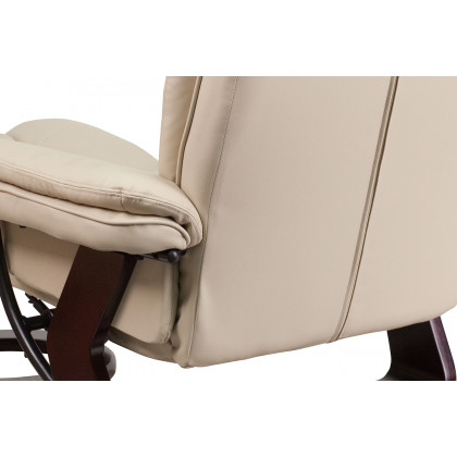 BLNK Bali LeatherSoft Contemporary Multi-Position Recliner with Horizontal Stitching and Ottoman with Swivel Mahogany Wood Base - Beige