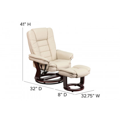 BLNK Bali LeatherSoft Contemporary Multi-Position Recliner with Horizontal Stitching and Ottoman with Swivel Mahogany Wood Base - Beige