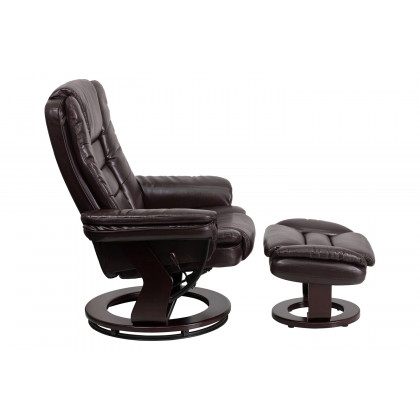 BLNK Bali LeatherSoft Contemporary Multi-Position Recliner with Horizontal Stitching and Ottoman with Swivel Mahogany Wood Base - Brown