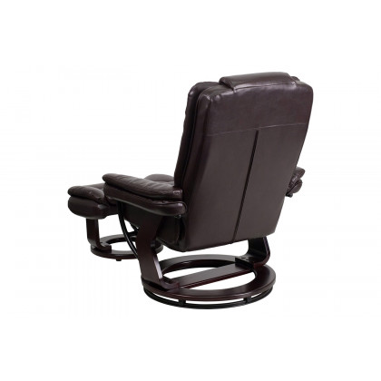 BLNK Bali LeatherSoft Contemporary Multi-Position Recliner with Horizontal Stitching and Ottoman with Swivel Mahogany Wood Base - Brown