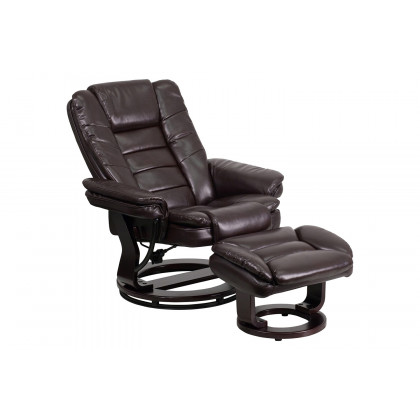 BLNK Bali LeatherSoft Contemporary Multi-Position Recliner with Horizontal Stitching and Ottoman with Swivel Mahogany Wood Base - Brown