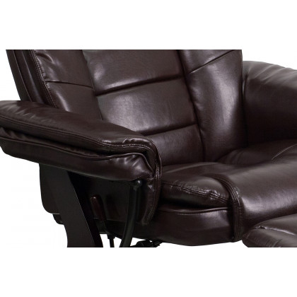 BLNK Bali LeatherSoft Contemporary Multi-Position Recliner with Horizontal Stitching and Ottoman with Swivel Mahogany Wood Base - Brown
