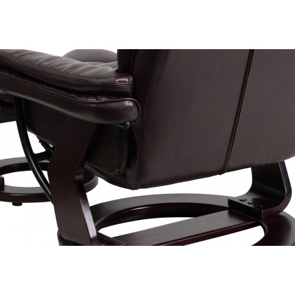 BLNK Bali LeatherSoft Contemporary Multi-Position Recliner with Horizontal Stitching and Ottoman with Swivel Mahogany Wood Base - Brown