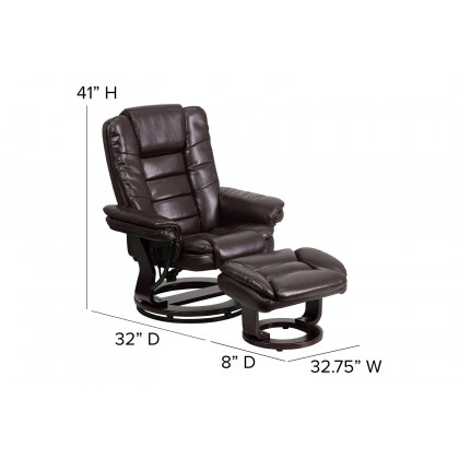 BLNK Bali LeatherSoft Contemporary Multi-Position Recliner with Horizontal Stitching and Ottoman with Swivel Mahogany Wood Base - Brown