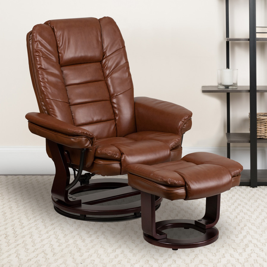BLNK Bali LeatherSoft Contemporary Multi-Position Recliner with Horizontal Stitching and Ottoman with Swivel Mahogany Wood Base - Vintage Brown