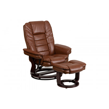 BLNK Bali LeatherSoft Contemporary Multi-Position Recliner with Horizontal Stitching and Ottoman with Swivel Mahogany Wood Base - Vintage Brown