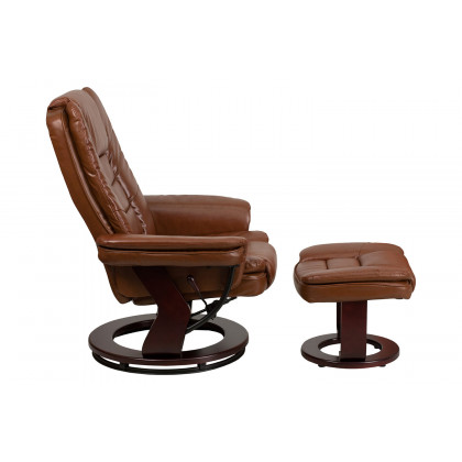 BLNK Bali LeatherSoft Contemporary Multi-Position Recliner with Horizontal Stitching and Ottoman with Swivel Mahogany Wood Base - Vintage Brown
