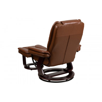 BLNK Bali LeatherSoft Contemporary Multi-Position Recliner with Horizontal Stitching and Ottoman with Swivel Mahogany Wood Base - Vintage Brown
