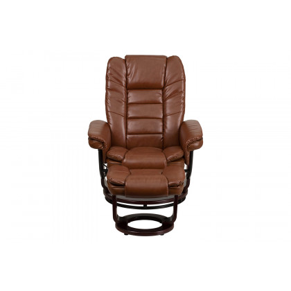 BLNK Bali LeatherSoft Contemporary Multi-Position Recliner with Horizontal Stitching and Ottoman with Swivel Mahogany Wood Base - Vintage Brown