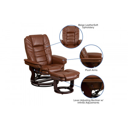 BLNK Bali LeatherSoft Contemporary Multi-Position Recliner with Horizontal Stitching and Ottoman with Swivel Mahogany Wood Base - Vintage Brown