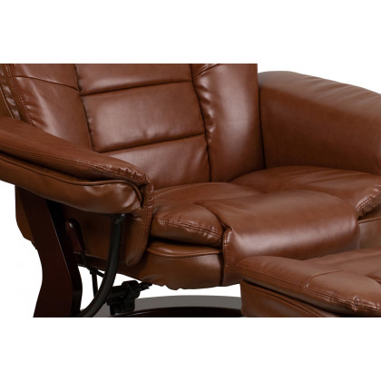 BLNK Bali LeatherSoft Contemporary Multi-Position Recliner with Horizontal Stitching and Ottoman with Swivel Mahogany Wood Base - Vintage Brown